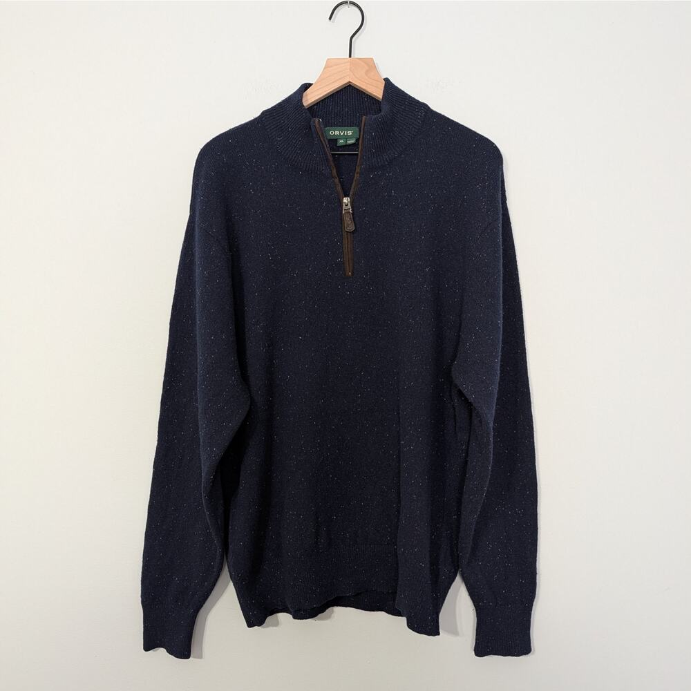 Orvis Men's Speckled Navy Wool Quarter 1/4 Zip Pullover Sweater, XL